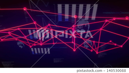 Pulsing center network linking glowing magenta nodes and lines across dashboard with white bars Pulsing center network linking glowing magenta nodes and lines across dashboard with white bars 140530088