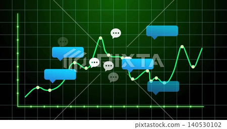 Displaying neon green line chart with glowing nodes on dark green grid, showing blue callouts Displaying neon green line chart with glowing nodes on dark green grid, showing blue callouts 140530102