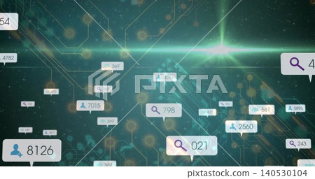 Floating cluster of data labels showing numeric counters in virtual network, with magnifying icons Floating cluster of data labels showing numeric counters in virtual network, with magnifying icons 140530104