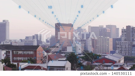 Showing central glass tall tower catching warm low sun light from rooftop view, with radial guide Showing central glass tall tower catching warm low sun light from rooftop view, with radial guide 140530111