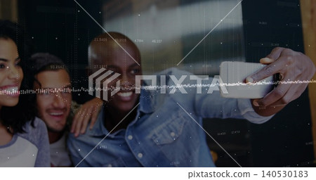 Smiling trio leaning toward smartphone at cafe, denim shirt, baseball tee, hoodie, waveform overlay Smiling trio leaning toward smartphone at cafe, denim shirt, baseball tee, hoodie, waveform overlay 140530183