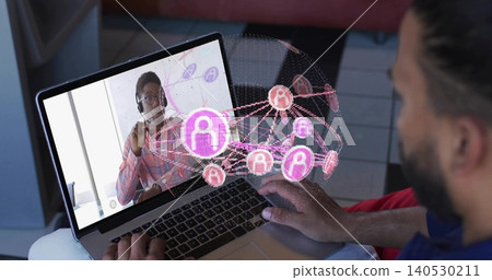 Typing man in blue shirt leaning over laptop at home with pink AR overlay, copy space Typing man in blue shirt leaning over laptop at home with pink AR overlay, copy space 140530211