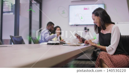 Tapping tablet woman wearing business attire during meeting with cup and screen, copy space Tapping tablet woman wearing business attire during meeting with cup and screen, copy space 140530220