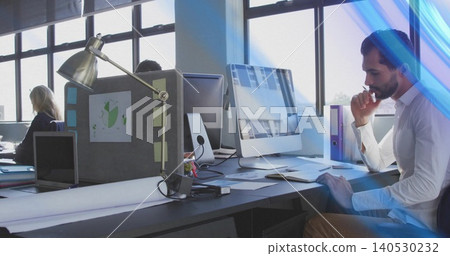 Resting chin, right man wearing white shirt viewing monitor in open office, blueprint, copy space Resting chin, right man wearing white shirt viewing monitor in open office, blueprint, copy space 140530232