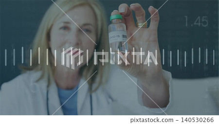 Holding COVID-19 vial, female doctor offering it in clinic with white coat, stethoscope overlay Holding COVID-19 vial, female doctor offering it in clinic with white coat, stethoscope overlay 140530266