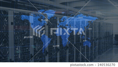 Displaying centered server racks in data center projecting blue world map, numeric labels, LEDs 140530270