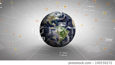 Floating central Earth globe showing network lines and orange data markers on gray backdrop Floating central Earth globe showing network lines and orange data markers on gray backdrop 140530272