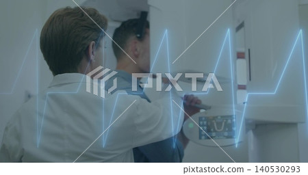 Adjusting tech lab coat placing patient button-up shirt at dental panoramic headrest with waveform Adjusting tech lab coat placing patient button-up shirt at dental panoramic headrest with waveform 140530293