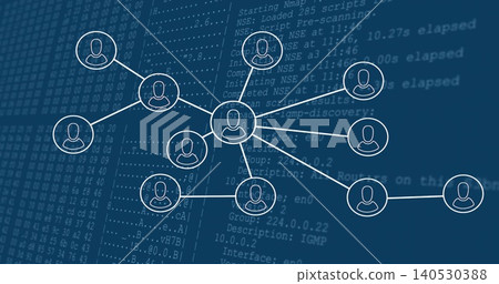 Showing central hub node linking peripheral avatar nodes on blue digital backdrop, with hex columns Showing central hub node linking peripheral avatar nodes on blue digital backdrop, with hex columns 140530388