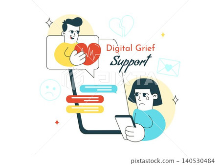 Digital Grief Support Illustration Featuring Online Counseling, Emotional Wellness Assistance, Virtual Mental Health Care, and Recovery Support Digital Grief Support Illustration Featuring Online Counseling, Emotional Wellness Assistance, Virtual Mental Health Care, and Recovery Support 140530484