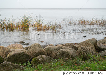 Rocks line the shore where water meets grass Rocks line the shore where water meets grass 140530652