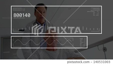 Examining doctor behind patient in ward checking HUD overlays white coat patterned gown stethoscope Examining doctor behind patient in ward checking HUD overlays white coat patterned gown stethoscope 140531003