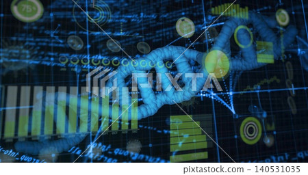 Displaying blue 3D DNA helix with glowing base pair nodes across virtual dashboard, with charts Displaying blue 3D DNA helix with glowing base pair nodes across virtual dashboard, with charts 140531035