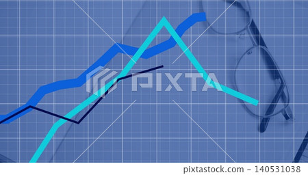 Displaying three overlapping line charts rising and falling on graph paper, with reading glasses Displaying three overlapping line charts rising and falling on graph paper, with reading glasses 140531038