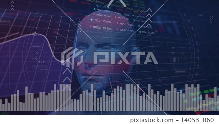 Showing 3D humanoid head and torso merging with grid and market charts in dashboard, with candles Showing 3D humanoid head and torso merging with grid and market charts in dashboard, with candles 140531060