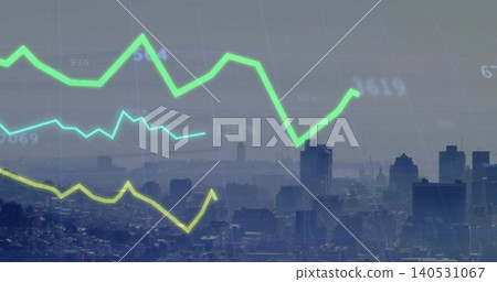 Displaying financial lines over downtown skyline, with neon green, yellow dip, thin cyan line, grid Displaying financial lines over downtown skyline, with neon green, yellow dip, thin cyan line, grid 140531067