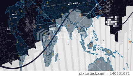 Displaying stylized world map with rising white bars in digital dashboard, showing orange markers Displaying stylized world map with rising white bars in digital dashboard, showing orange markers 140531071