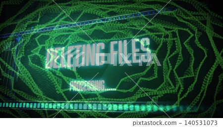Displaying centered status showing DELETING FILES on screen, with glitch artifacts, progress bar Displaying centered status showing DELETING FILES on screen, with glitch artifacts, progress bar 140531073