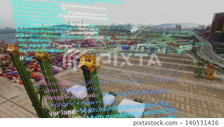 Displaying green yellow gantry cranes and container stacks at port, with code overlay Displaying green yellow gantry cranes and container stacks at port, with code overlay 140531416