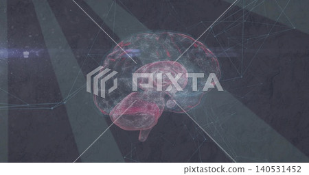 Projecting translucent holographic brain floating over dark textured plane, showing network nodes 140531452