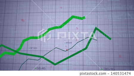 Displaying thick bright green trend line moving across digital dashboard with teal line, labels Displaying thick bright green trend line moving across digital dashboard with teal line, labels 140531474