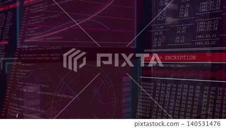 Displaying monitor screens showing code, radar, hex dump, encryption banner, waveform at console Displaying monitor screens showing code, radar, hex dump, encryption banner, waveform at console 140531476