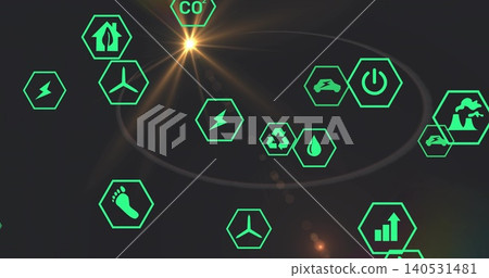 Glowing neon hex icons orbiting dark digital field, with wind turbine, CO2, leaf, lens flare Glowing neon hex icons orbiting dark digital field, with wind turbine, CO2, leaf, lens flare 140531481