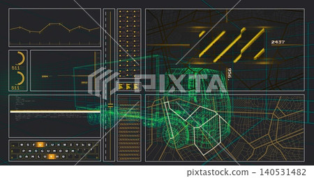 Rendering wireframe vehicle with dotted polyhedral cube on control console, showing line charts Rendering wireframe vehicle with dotted polyhedral cube on control console, showing line charts 140531482