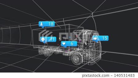 Displaying wireframe semi-truck rotating inside virtual tunnel, with blue notification bubbles Displaying wireframe semi-truck rotating inside virtual tunnel, with blue notification bubbles 140531483