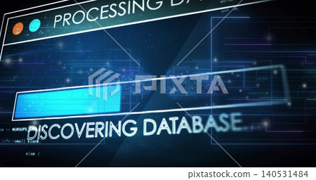 Displaying data-viz interface in software HUD, revealing DISCOVERING DATABASE and cyan progress Displaying data-viz interface in software HUD, revealing DISCOVERING DATABASE and cyan progress 140531484