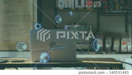 Displaying silver laptop projecting AR icons above wooden table, two flat devices, espresso machine Displaying silver laptop projecting AR icons above wooden table, two flat devices, espresso machine 140531485
