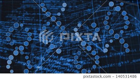 Displaying helical strands glowing with clear blue nodes on navy grid, with dotted links and code 140531486