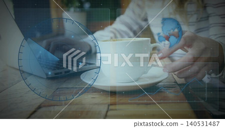 Sitting white ceramic coffee cup on table in cafe, laptop, woman-striped-top grasping saucer, HUD Sitting white ceramic coffee cup on table in cafe, laptop, woman-striped-top grasping saucer, HUD 140531487