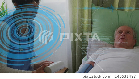 Checking nurse in blue scrubs with stethoscope holding monitor at bedside monitoring cuffed man Checking nurse in blue scrubs with stethoscope holding monitor at bedside monitoring cuffed man 140531488
