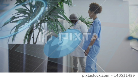 Leaning doc coat inspecting plant hall while nurse blue scrubs observing stethoscope AR, copy space Leaning doc coat inspecting plant hall while nurse blue scrubs observing stethoscope AR, copy space 140531489