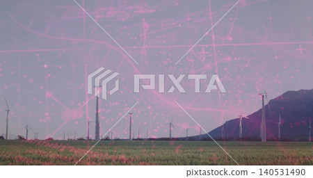 Displaying row of wind turbines spinning across grassy field near mountain ridge, with pink overlay Displaying row of wind turbines spinning across grassy field near mountain ridge, with pink overlay 140531490