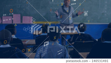Watching pupils in uniforms sitting at desks in classroom with teacher gesturing and AR overlays Watching pupils in uniforms sitting at desks in classroom with teacher gesturing and AR overlays 140531491
