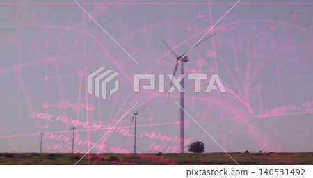 Standing central wind turbine dominating plain horizon, two turbines left, lone shrub, pink overlay Standing central wind turbine dominating plain horizon, two turbines left, lone shrub, pink overlay 140531492