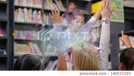 Raising hands, striped-shirts and lead in blouse pointing at glass in library with math, chalk dust Raising hands, striped-shirts and lead in blouse pointing at glass in library with math, chalk dust 140531503