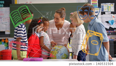 Pointing teacher in pink top rotating globe, seven kids touching it in classroom with purple box Pointing teacher in pink top rotating globe, seven kids touching it in classroom with purple box 140531504