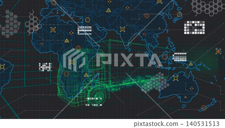 Displaying neon green wireframe truck and trailer on virtual HUD grid, with blue map outlines Displaying neon green wireframe truck and trailer on virtual HUD grid, with blue map outlines 140531513