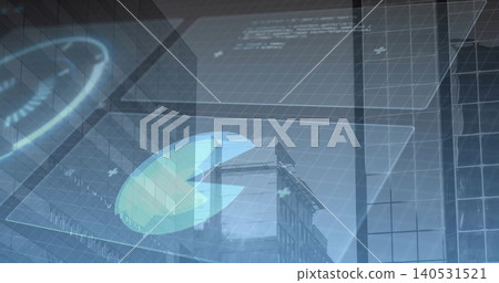 Projecting digital interface over downtown glass facade, showing HUD, Pac-Man icon, wireframe grid Projecting digital interface over downtown glass facade, showing HUD, Pac-Man icon, wireframe grid 140531521