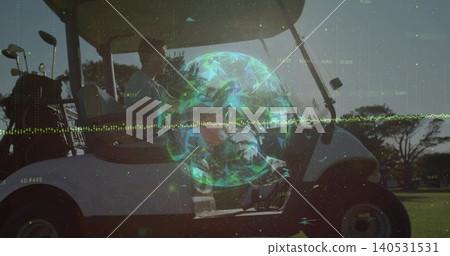 Sitting golfer in polo and cap steering golf cart on fairway, clubs, holographic globe and waveform Sitting golfer in polo and cap steering golf cart on fairway, clubs, holographic globe and waveform 140531531