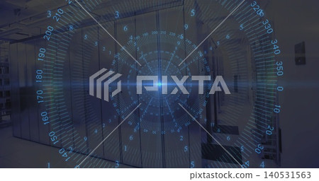 Projecting blue holographic circular interface hovering over data center aisle, mirroring rack LEDs Projecting blue holographic circular interface hovering over data center aisle, mirroring rack LEDs 140531563