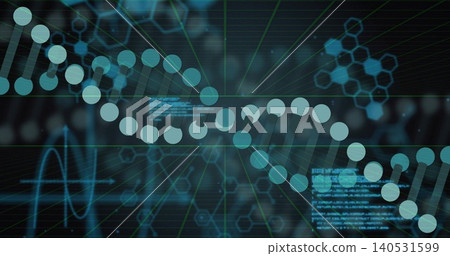 Animating stylized DNA helix moving across bio dashboard, showing code panels, hexagons, waveform Animating stylized DNA helix moving across bio dashboard, showing code panels, hexagons, waveform 140531599