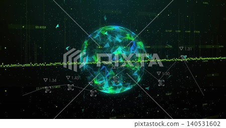 Pulsing polygonal data sphere rotating in virtual UI, intersecting waveform, reticles and shards Pulsing polygonal data sphere rotating in virtual UI, intersecting waveform, reticles and shards 140531602