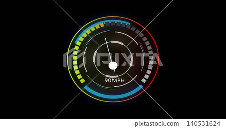 Showing centered digital circular gauge with needle, white pivot, multicolor ring on black, 90MPH 140531624