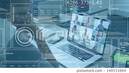Showing silver laptop hosting call with business shirts at desk HUD charts phone pad mug Showing silver laptop hosting call with business shirts at desk HUD charts phone pad mug 140531664