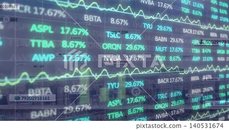 Displaying clear stock ticker display with percent overlays and neon green line graphs over skyline Displaying clear stock ticker display with percent overlays and neon green line graphs over skyline 140531674