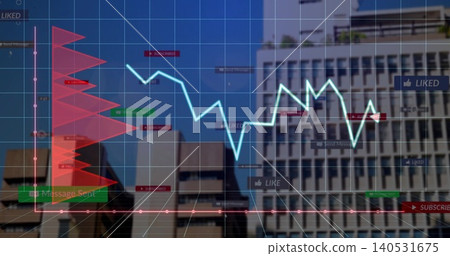 Displaying data overlay over urban office skyline, with cyan line, red histogram, 3D grid, UI tags Displaying data overlay over urban office skyline, with cyan line, red histogram, 3D grid, UI tags 140531675